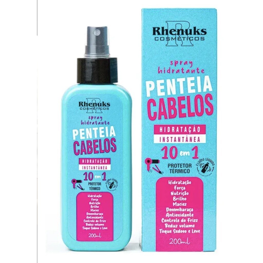 Frasco azul e caixa do Spray Pentear 10 em 1 Penteia